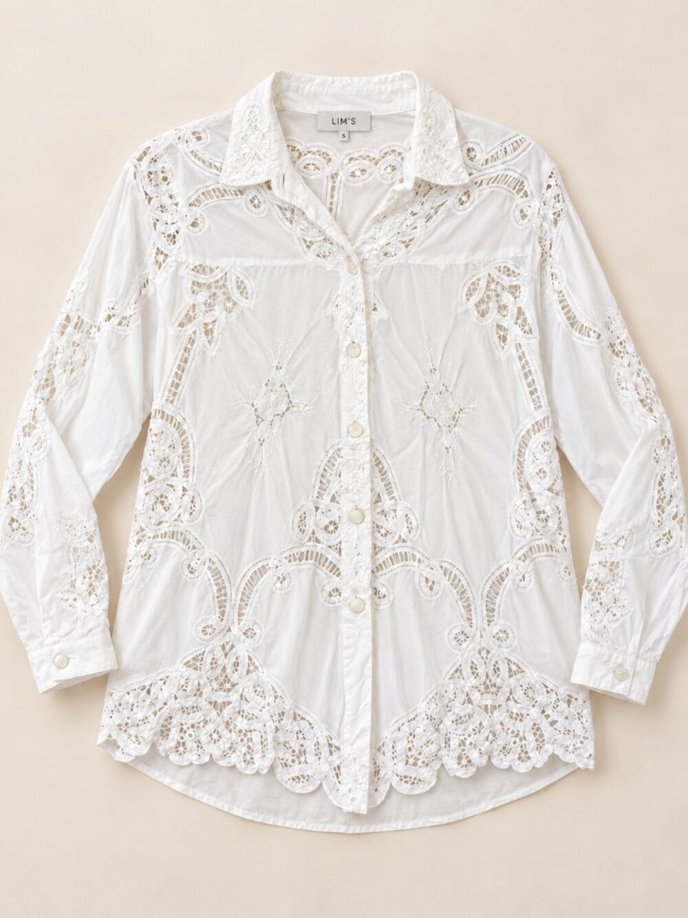 White Cotton Button Down Blouse Top Battenberg Lace Cutout Embroidered Medium